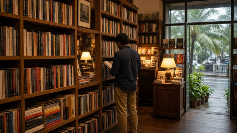 Browsing books inside a Colombo bookshop