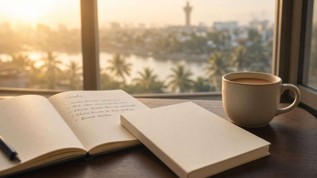 Morning goals notebook and book with Colombo skyline
